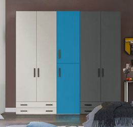 Armadio moderno L.241 a 6 ante e 4 cassetti H.225 finiture Grigio Dorian, Blu Egeo e Grigio Titanio