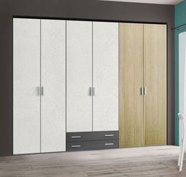 Armadio moderno L.271 a 6 ante e 2 cassetti H.257, finitura Rovere Oak, Grigio Titanio e Cemento Artico