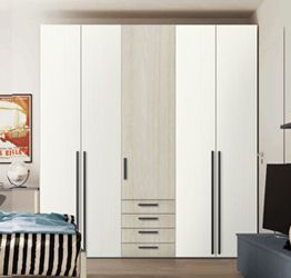 Armadio moderno L.241 a 5 ante e 4 cassetti H.257, finiture Rovere bianco e Ciliegio bianco