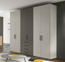 Armadio moderno L.271 a 6 ante e 4 cassetti H.257, finiture Grigio Dorian e Grigio Titanio