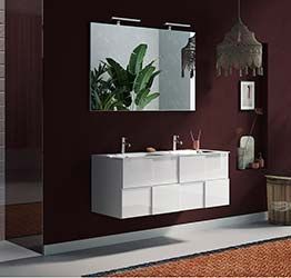 Mobile da bagno sospeso L.122 doppio lavabo, 2 cassetti, finitura Bianco lucido