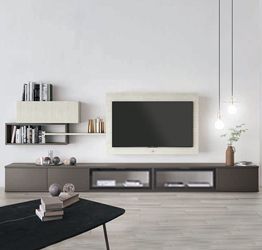 Parete attrezzata online con base tv e pensili, Grigio titanio e Rovere gesso