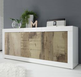 Credenza Moderna, Madia Bianca Lucida con 2 ante e 3 cassetti in finitura Pero