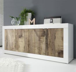 Credenza Moderna, Madia Bianca Lucida con 4 ante in finitura Pero