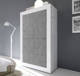 Credenza Moderna, Madia di Design, 4 ante Alta, Bianco Lucido e Cemento