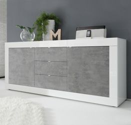 Credenza Moderna, Madia di Design, 2 ante e 3 cassetti, Bianco e Cemento