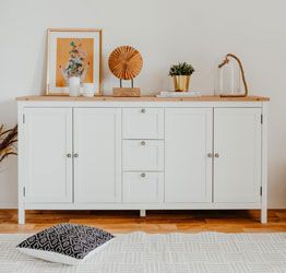 Madia credenza 4 ante, 3 cassetti in finitura bianco opaco con top in quercia