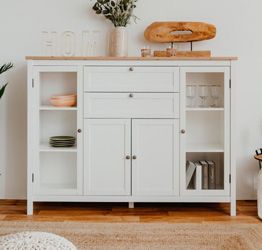 Madia credenza, 2 ante in vetro, 2 ante, 2 cassetti finitura bianco opaco e top in quercia