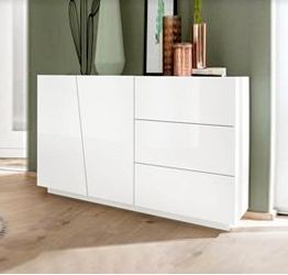 Credenza Moderna Bianco Laccato Lucido  2 ante, 3 cassetti