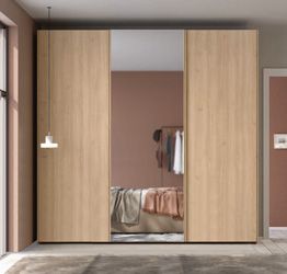 Armadio scorrevole moderno con specchio a 3 ante H.257 L.267, finitura Royal oak