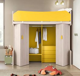 Letto a castello singolo con armadio, Noce brina e Miele