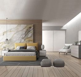 Camera da letto Ara con letto in ecopelle Giallo, Made in Italy