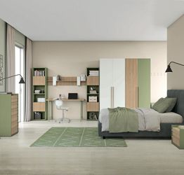 Camera con un letto singolo e armadio in finitura Bianco opaco, Royal Oak e oliva