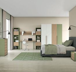 Camera con un letto singolo e armadio in finitura Bianco opaco, Rovere Oak e oliva