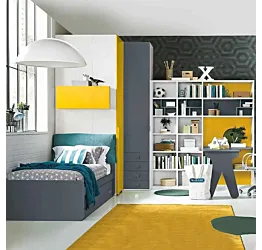 Cameretta con divano letto e armadio angolare, finitura Girasole, Blu reale e Bianco frassino