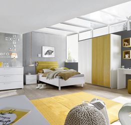 Cameretta moderna con letto like in legno e armadio vertigo GIallo e Bianco