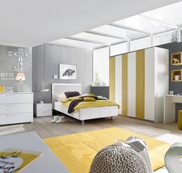 Cameretta moderna con letto imbottito e armadio vertigo GIallo e Bianco