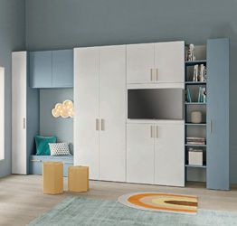 Armadio con porta tv e libreria, finitura Cemento artico, Cenere e Rovere oak