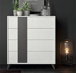 Comò 4 cassetti con piedini in finitura Rovere white e Grigio titanio