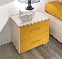 Comodino moderno con 2 cassetti, Olmo e Giallo, made in Italy