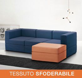 Divano moderno componibile a 3 posti e penisola, finitura Blu e Arancio