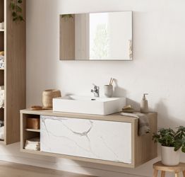 Mobile per il bagno, sottolavello con cassetto in finitura Rovere e Marmo bianco