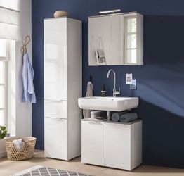 Bagno moderno con colonna, pensile sottolavabo, finitura Bianco Laccato e top Grigio Cemento