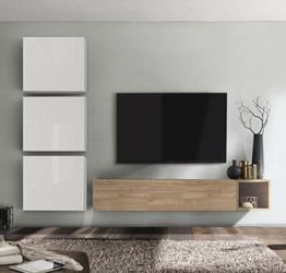 Parete attrezzata, moderna e di design, rovere stelvio, miele e bianco lucido