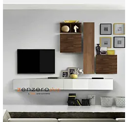 Soggiorno Zenzero, parete attrezzata, design moderno, Bianco lucido, Mercure e Noce Dark