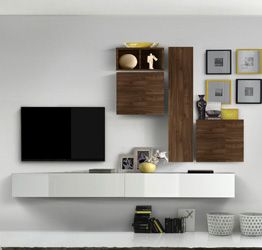 Soggiorno Zenzero, parete attrezzata, design moderno, Bianco lucido, Mercure e Noce Dark