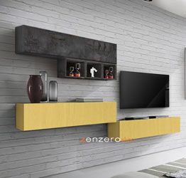 Soggiorno Zenzero, parete attrezzata, moderna e di design, Piombo, Beton e Giallo