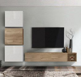 Soggiorno Zenzero, parete attrezzata moderna di design, Bianco Laccato lucido e Noce Stelvio