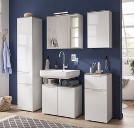 Bagno moderno completo, finitura Bianco Laccato e top Grigio Cemento