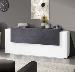 Credenza moderna L.220, Bianca e Ardesia con ante e cassetti