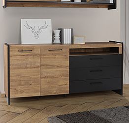 Credenza Rovere waterford e nero, 2 ante, 3 cassetti e vano a giorno