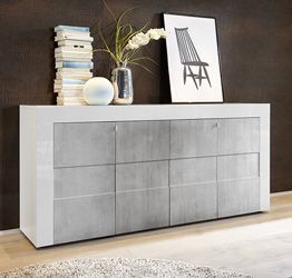 Offerta credenza Moderna, Madia di Design, 4 ante, Bianco Lucido con frontali Beton