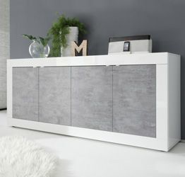 Credenza Moderna, Madia bianca laccata lucida e cemento a 4 ante