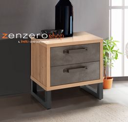 Comodino Industry con 2 cassetti in finitura Rovere e Grigio smoke