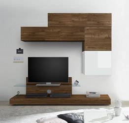 Parete attrezzata con Porta TV, Pensili e Cubi, finitura Noce Dark e Bianco Lucido