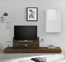 Base Porta TV moderno con mensola in vetro, finitura Noce Dark