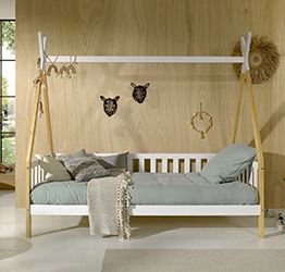 Divano letto  montessoriano per camerette in Pino naturale e Bianco laccato