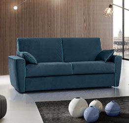 Divano letto Everest a 3 posti, in tessuto sfoderabile, colore Blu notte con filetto color Turchese