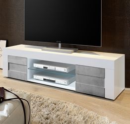 Porta TV Moderno di Design a due ante Bianco Lucido e Beton