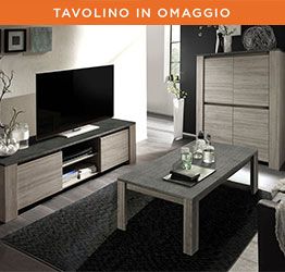 Sala moderna con Madia Alta, Porta TV e Tavolino in omaggio, Rovere Grigio e Marmo