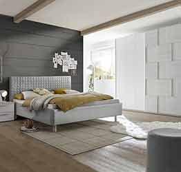 Camera completa con letto grigio in tessuto imbottito con armadio Miss