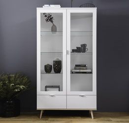 Vetrina in stile nordico con 2 ante e 2 cassetti in finitura Bianco e Quercia