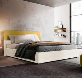 Letto matrimoniale Metiz con contenitore, finitura Giallo grano e Larice Bianco