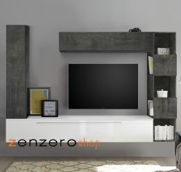 Parete attrezzata, con maniglie di design, finitura bianco lucido, beton e piombo