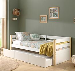 Divano letto con secondo letto estraibile in legno massello, Bianco e Pino naturale