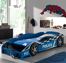 Lettino auto polizia per bambini, blu laccato